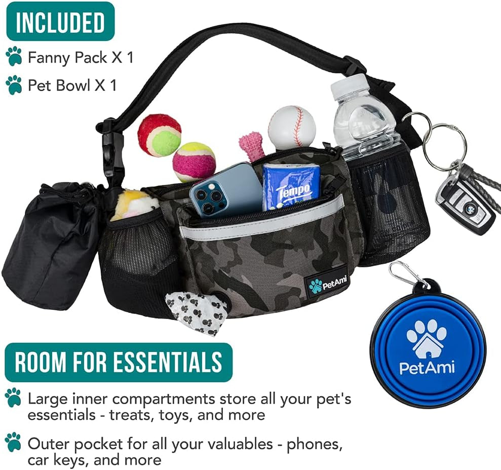 Hunde-Bauchtasche, Leckerlibeutel Für Hundespaziergänge, Training, Eingebauter Kotbeutelspender, Wasserflaschenhalter, Faltbarer Napf, Laufen, Trockenfutter (Camo Black)