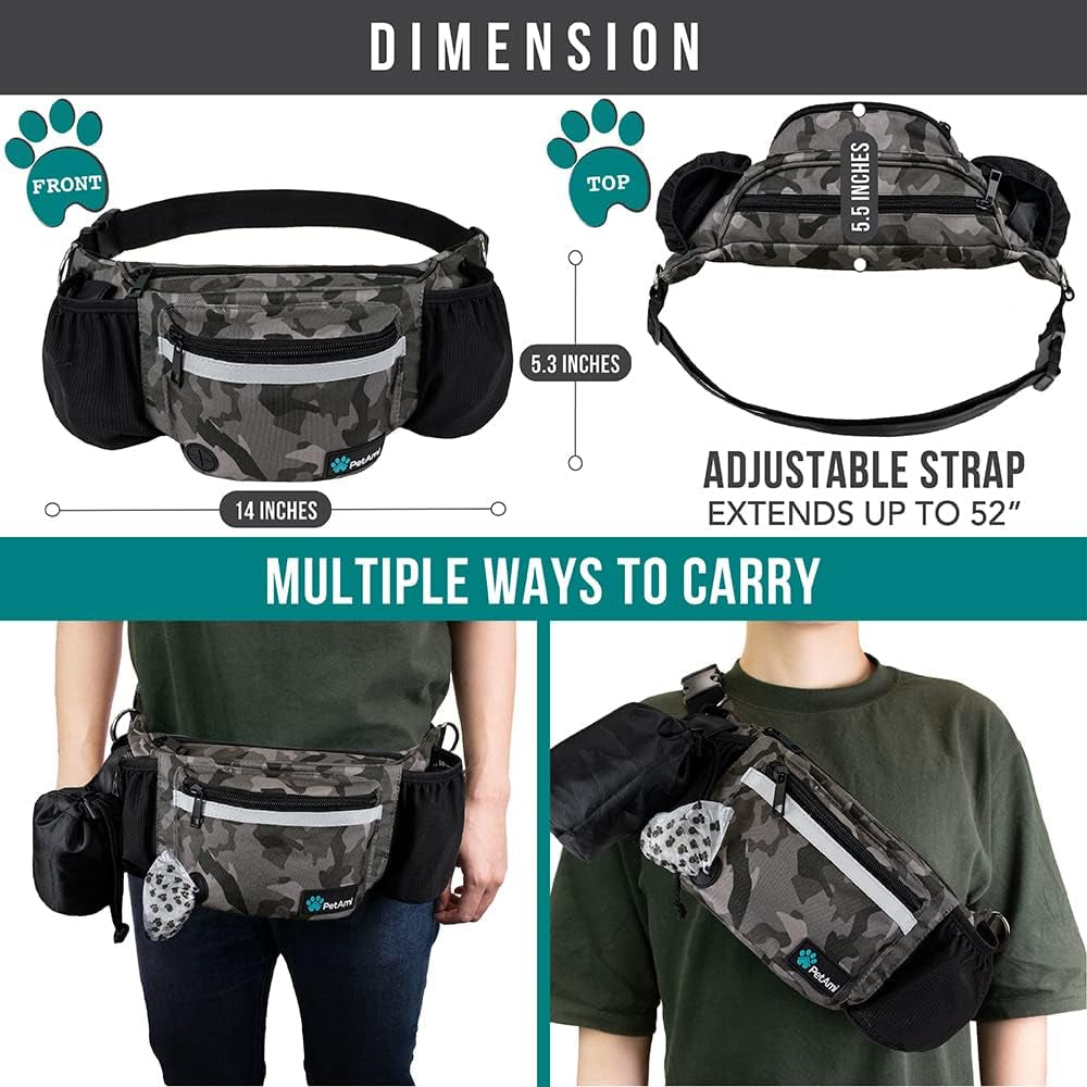 Hunde-Bauchtasche, Leckerlibeutel Für Hundespaziergänge, Training, Eingebauter Kotbeutelspender, Wasserflaschenhalter, Faltbarer Napf, Laufen, Trockenfutter (Camo Black)